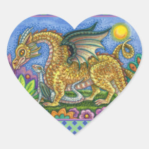 MEDIEVAL DRAGON & YOUNG, COLORFUL FOLK ART GARDEN  HEART STICKER
