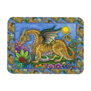 MEDIEVAL DRAGON & YOUNG, COLORFUL FOLK ART GARDEN MAGNET