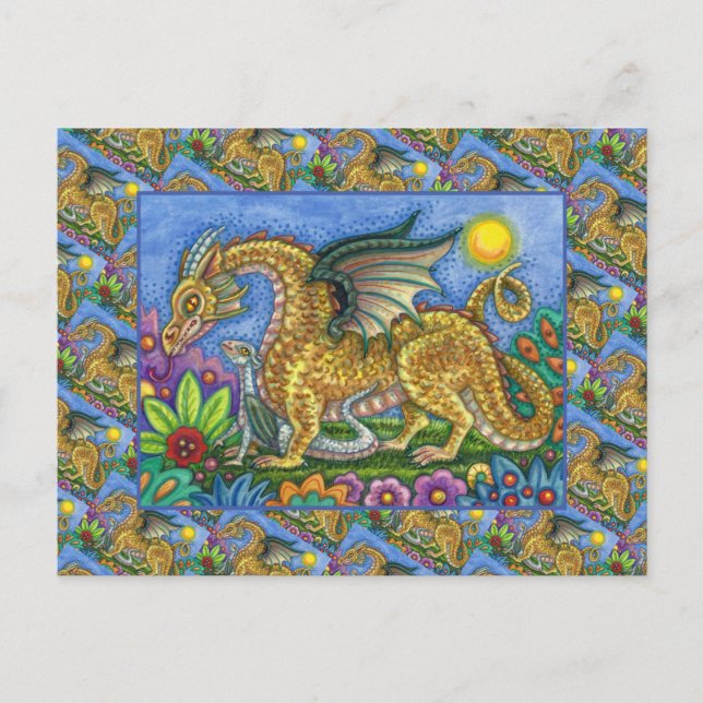 MEDIEVAL DRAGON & YOUNG, COLORFUL FOLK ART GARDEN POSTCARD (Front)
