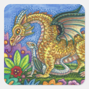MEDIEVAL DRAGON & YOUNG, COLORFUL FOLK ART GARDEN SQUARE STICKER