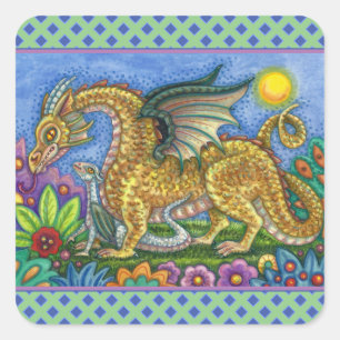 MEDIEVAL DRAGON & YOUNG, COLORFUL FOLK ART GARDEN SQUARE STICKER