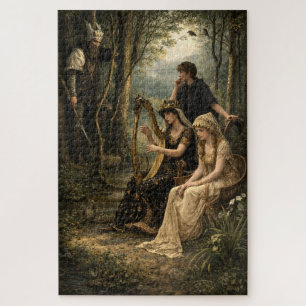 Medieval Fairy Tale Queen In Woods With Harp Jigsaw Puzzle
