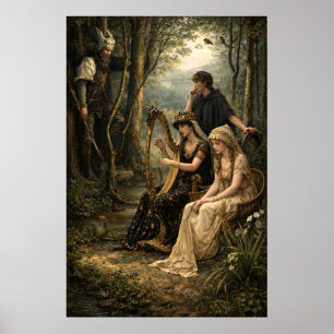 Medieval Fairy Tale Queen In Woods With Harp Poster
