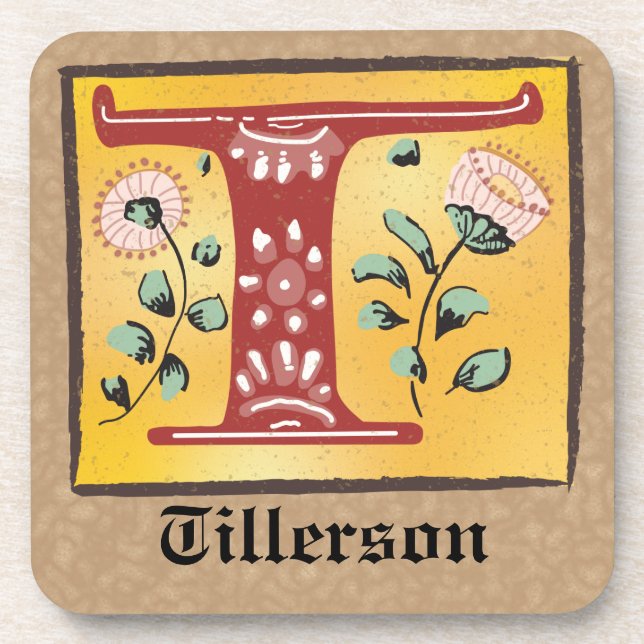 Medieval Floral Illuminated Letter T Monogram Coaster (Front)