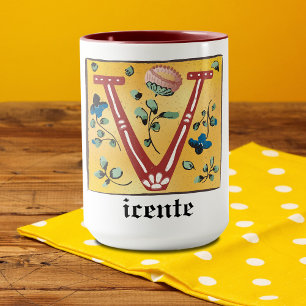 Medieval Floral Illuminated Letter V Monogram Mug