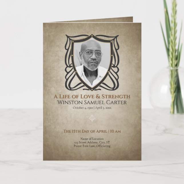 Medieval‑Inspired Shield 5 Photo Collage Funeral Invitation (Front)