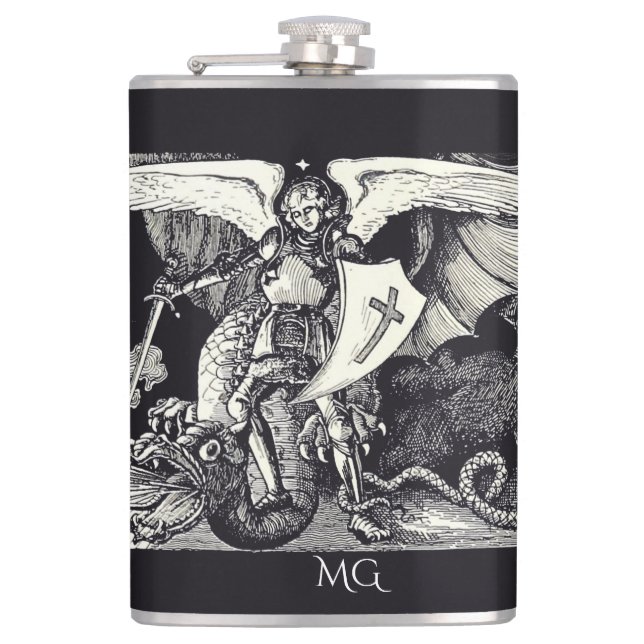 Medieval Knight and Dragon Black and White Hip Flask (Front)