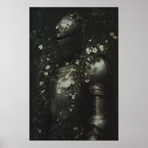 Medieval Knight Armor Covered in White Flowers Poster