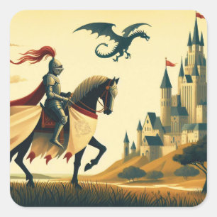 Medieval Knight/dragon/castle fantsy Square Sticker