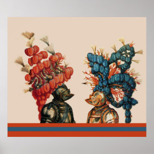 MEDIEVAL KNIGHT HELMETS WITH RED FEATHERS DRAGONS  POSTER