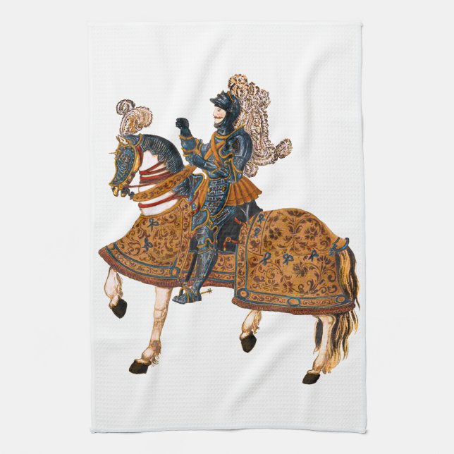 Medieval Knight in Armor on horse back Tea Towel (Vertical)