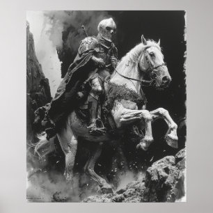 Medieval Knight Riding Horse Illustration Poster