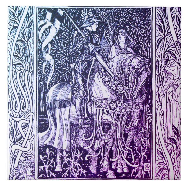 MEDIEVAL LEGENDS Lady And Knight Horseback Floral Ceramic Tile (Front)