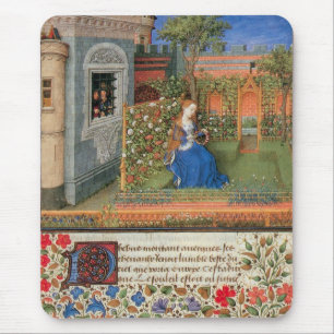 Medieval maiden in courtyard rose garden mouse pad