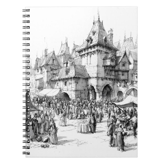 Medieval Market Town Ink Illustration Notebook (Front)