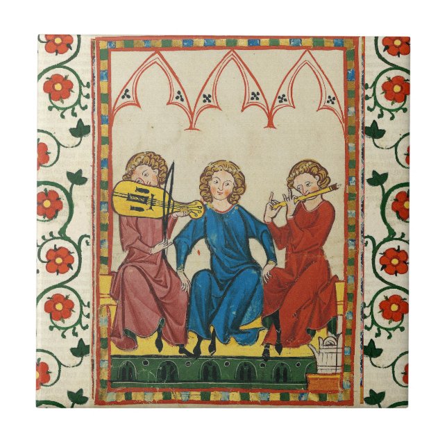 MEDIEVAL MUSIC AND MUSICIANS ,ANTIQUE MINIATURE CERAMIC TILE (Front)