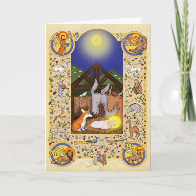Medieval nativity with corgi Christmas card (Front)