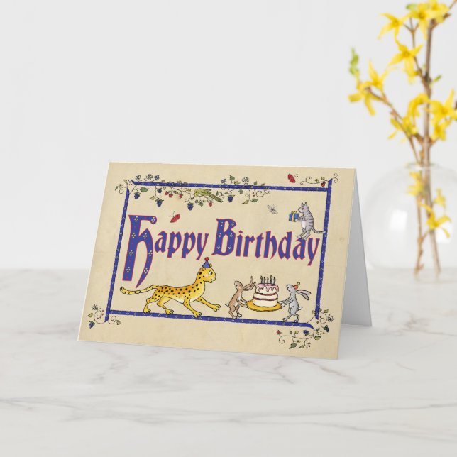 Medieval style birthday card with leopard & hares (Yellow Flower)
