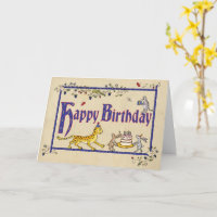 Medieval style birthday card with leopard & hares