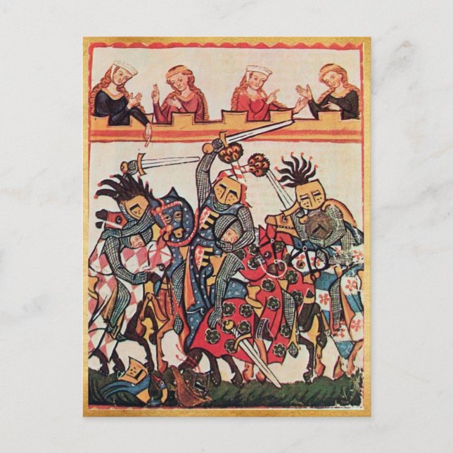 MEDIEVAL TOURNAMENT, FIGHTING KNIGHTS AND DAMSELS POSTCARD (Front)
