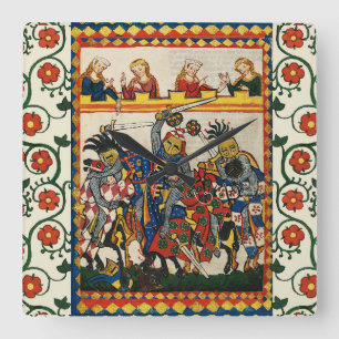 MEDIEVAL TOURNAMENT, FIGHTING KNIGHTS AND DAMSELS SQUARE WALL CLOCK