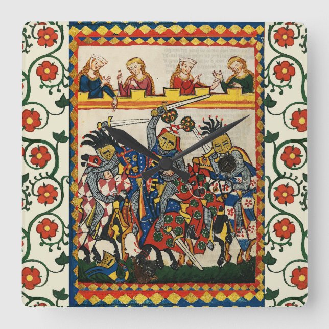 MEDIEVAL TOURNAMENT, FIGHTING KNIGHTS AND DAMSELS SQUARE WALL CLOCK (Front)