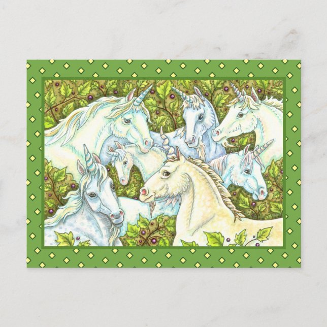 MEDIEVAL UNICORN HERD, HORSES, STALLION Fantasy Postcard (Front)