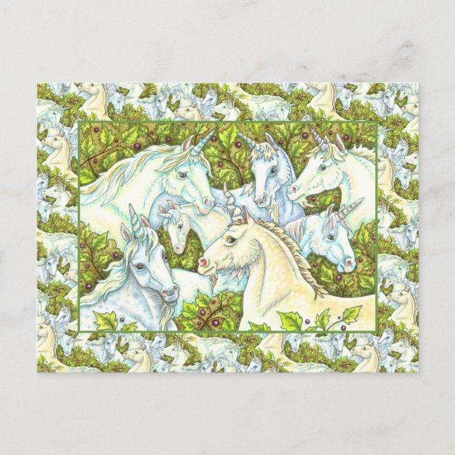 MEDIEVAL UNICORN HERD, HORSES, STALLION Fantasy Postcard (Front)