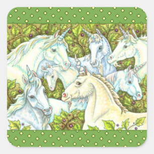 MEDIEVAL UNICORN HERD, HORSES, STALLION Fantasy Square Sticker