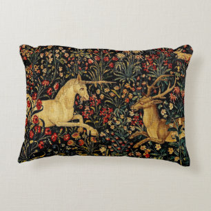 Medieval Unicorn Midnight Floral Garden Decorative Cushion