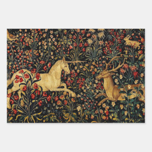 Medieval Unicorn Midnight Floral Garden Wrapping Paper Sheet
