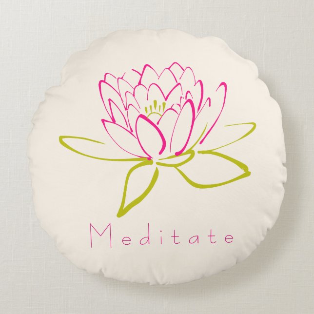 Meditate. Lotus Flower / Water Lily Illustration Round Cushion (Front)