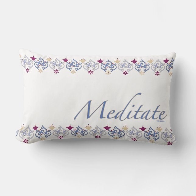 "Meditate"  Meditation Inspiration White Lumbar Cushion (Front)