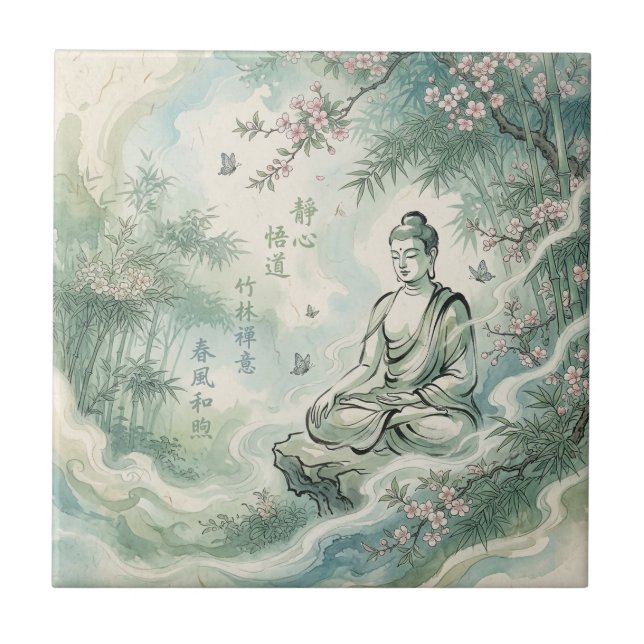 Meditating Buddha Bamboo Ink Art Ceramic Tile (Front)