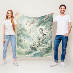 Meditating Buddha Bamboo Ink Art Fleece Blanket