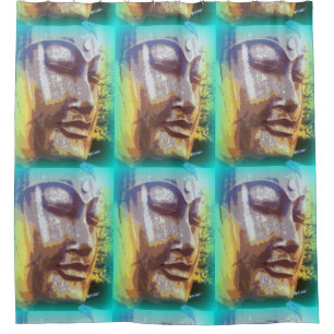 meditating buddha face green pattern shower curtain