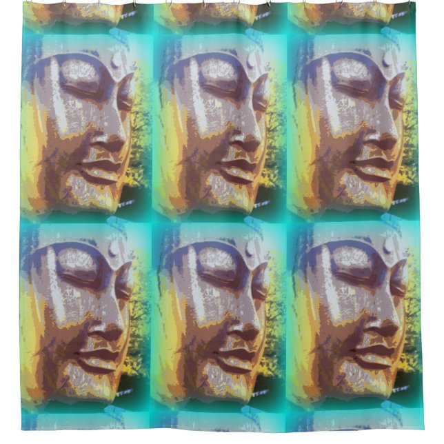 meditating buddha face green pattern shower curtain (Front)