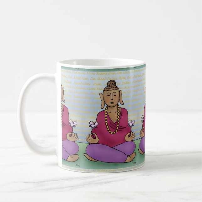 Meditating Buddha with Flowers on a Mug (Left)