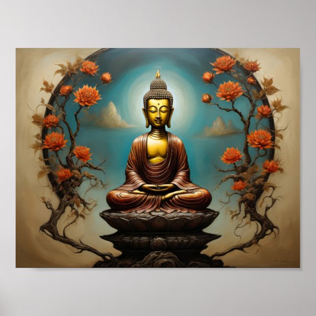 Meditating Gautama Buddha with flowers tree  Poster (Front)