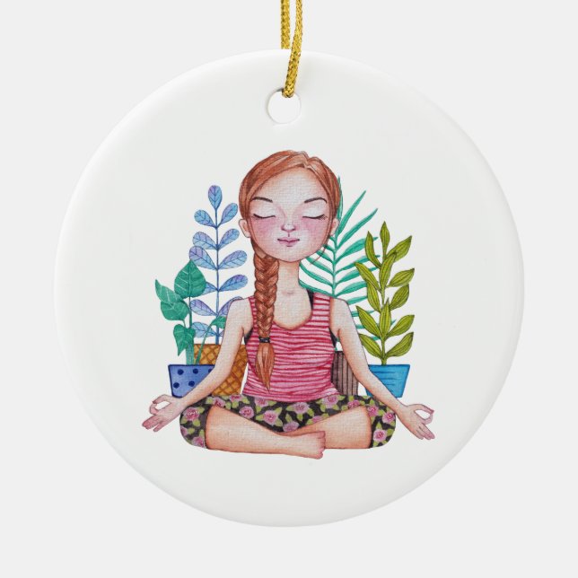 Meditating Girl With  Plants Ceramic Ornament (Front)