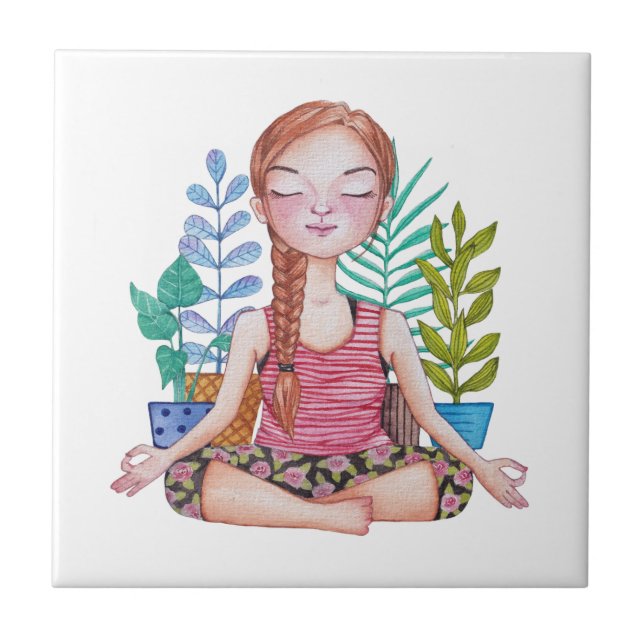 Meditating Girl With Plants Ceramic Tile (Front)