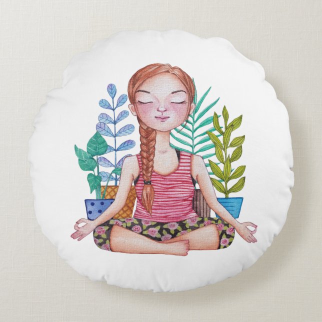 Meditating Girl With Plants Round Cushion (Front)