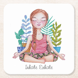Meditating Girl With Plants Square Paper Coaster
