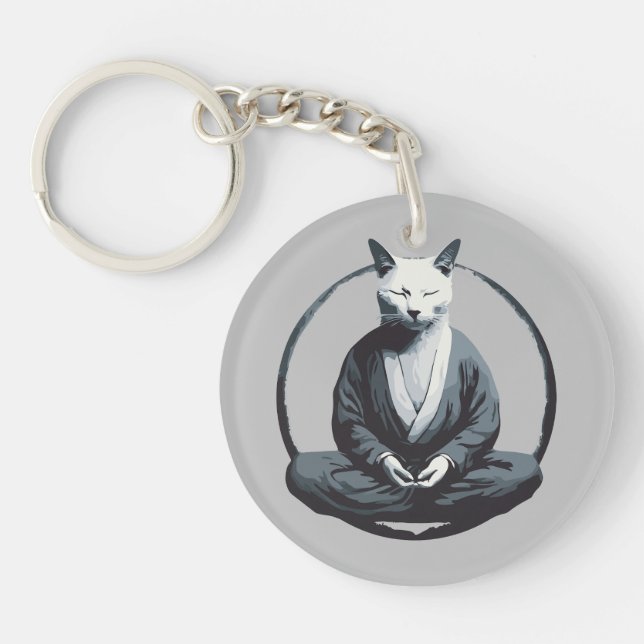 Meditating Monk Cat with Closed Eyes Key Ring (Front)