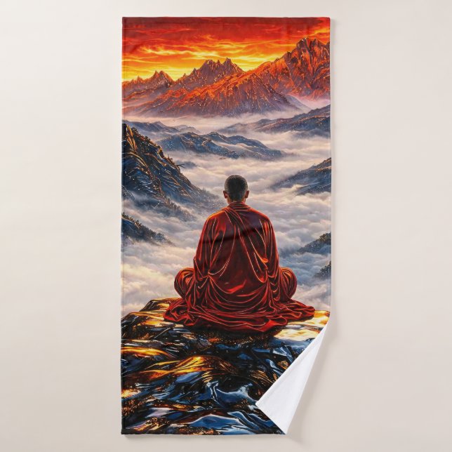 Meditating Monk on Mountain at Sunset Bath Towel Set (Bath Towel)