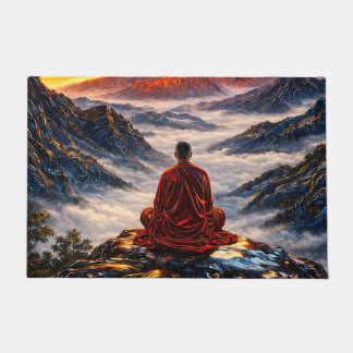Meditating Monk on Mountain at Sunset Doormat