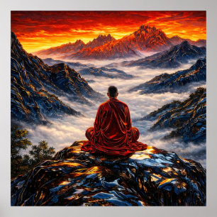 Meditating Monk on Mountain at Sunset Poster