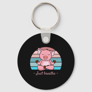 Meditating Pig Cute Yoga Pink Retro Just Breathe Key Ring