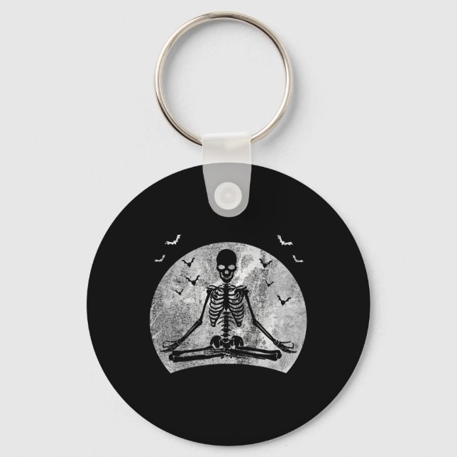 Meditating Skeleton Yoga Lover Halloween Moon Cost Key Ring (Front)