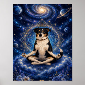 Meditating Tricolor Dog Cosmic Zen Yoga Mandala Po Poster